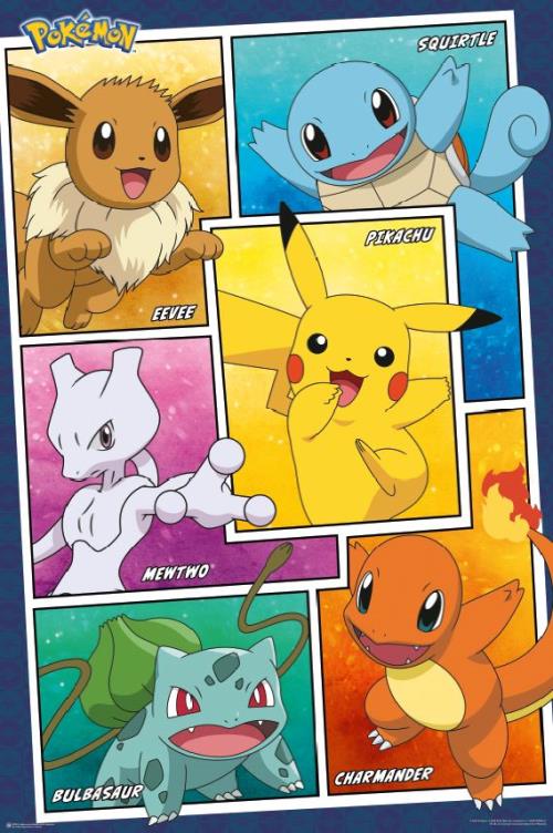 A Pokemon poster featuring comic book-style panels with Pikachu, Charmander, Squirtle, Eevee, Mewtwo, and Bulbasaur.